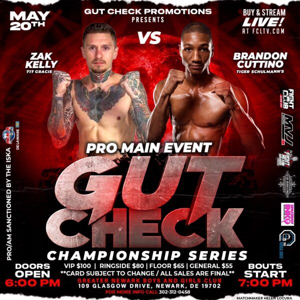 Two kick boxers, Zak Kelly, and Brandon Cuttino side by side, fists raised in anticipation of their upcoming professional kickboxing fight brought to you by Gut Check Promotions.