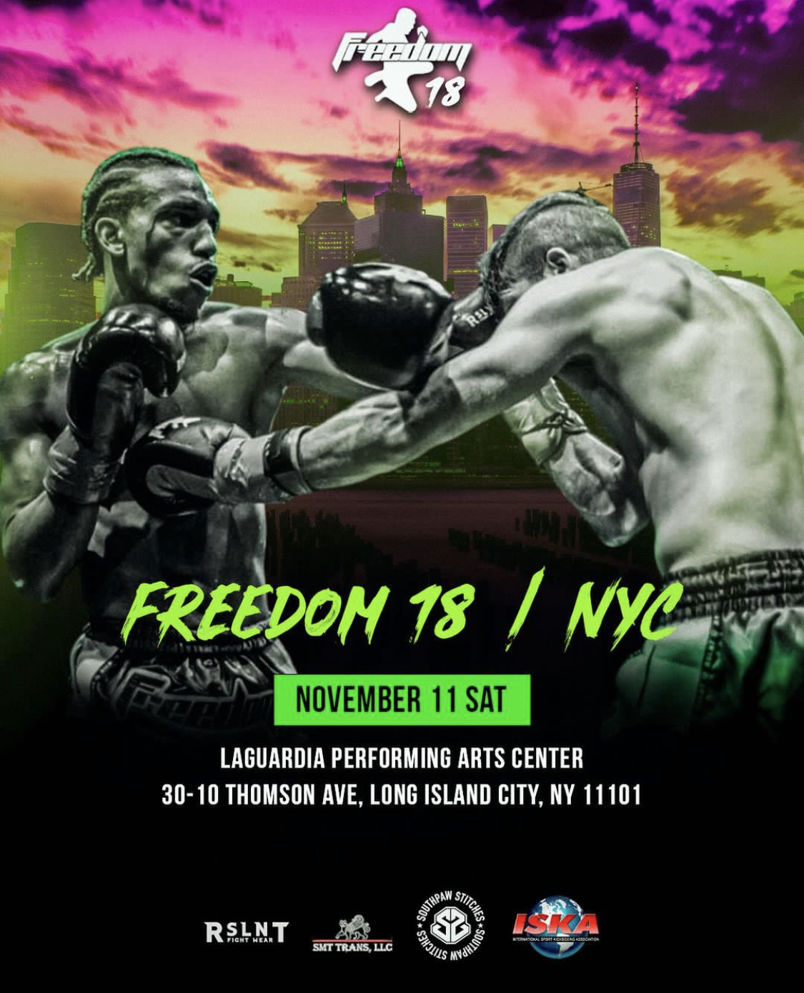 Freedom 18 banner images featuring two Muay Thai Fighters. Freedom 18 Streams live Saturday November 11th, 2023 at 7PM Eastern